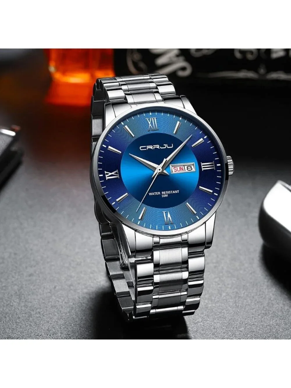 Men's Silver Blue Luxury Stainless Steel Chronograph Analog Quartz Round Watch